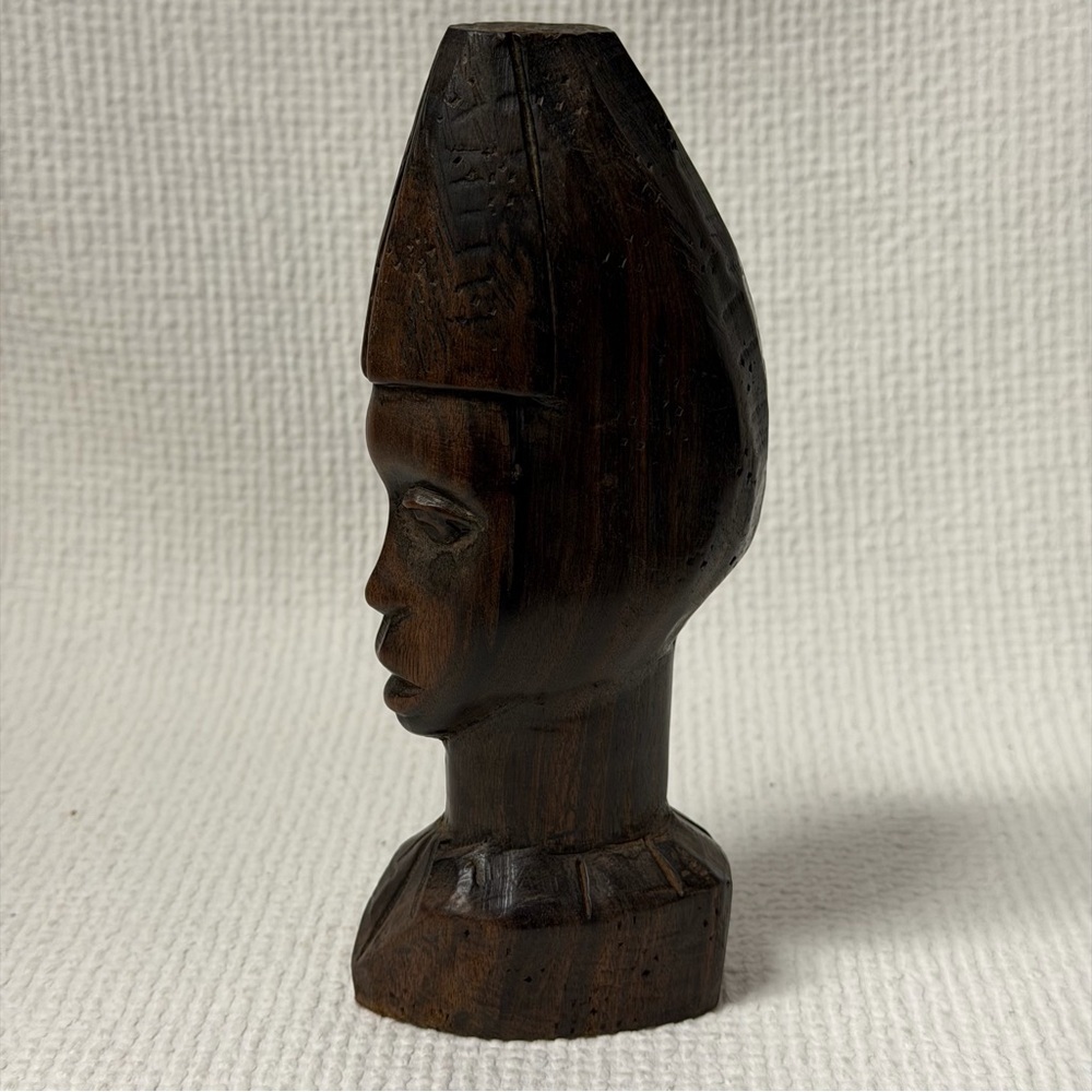Vintage Wooden African Ebony Head Sculpture With Tall Hair
